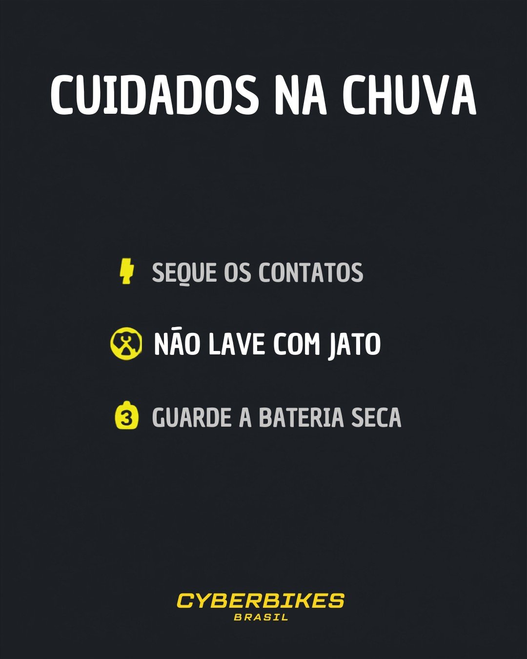 Checklist de cuidados com a bicicleta elétrica na chuva: seque os contatos, não lave com jato, guarde a bateria seca - Cyberbikes Brasil