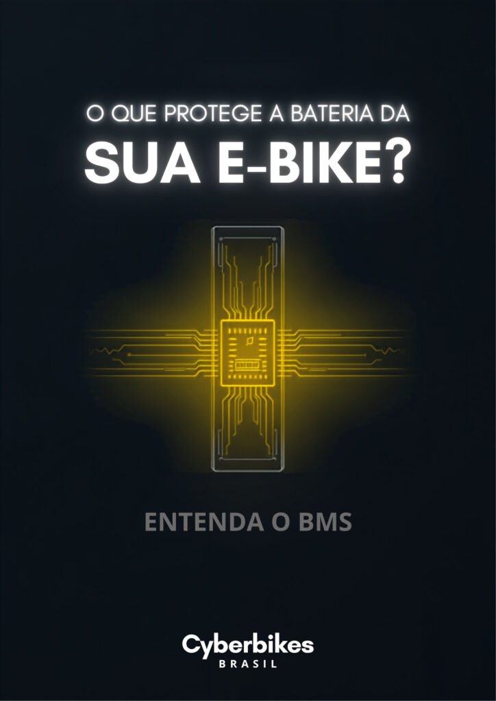 Ilustração de bateria de e-bike com chip BMS conectado às células por linhas amarelas, sobre fundo grafite — Cyberbikes Brasil