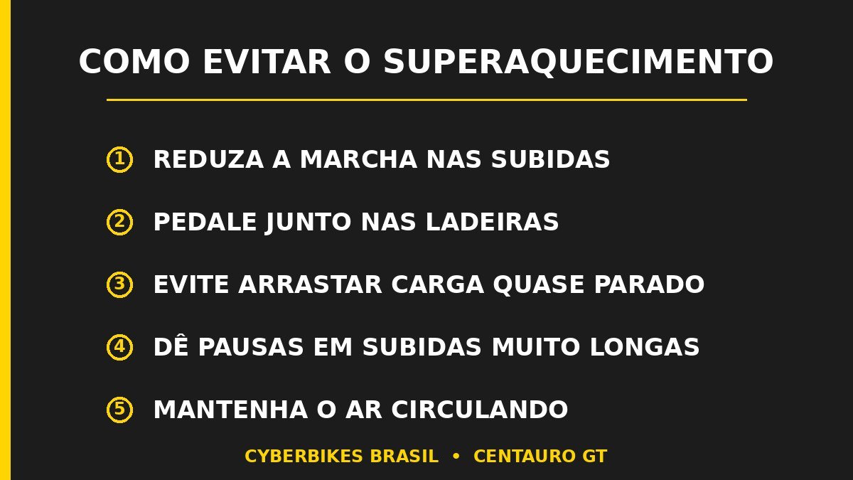 Checklist de como evitar o superaquecimento do motor da bicicleta elétrica: reduzir marcha, pedalar junto e dar pausas
