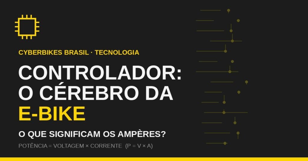 Ilustração da marca Cyberbikes explicando o controlador da bicicleta elétrica e o significado dos ampères, com fundo grafite e detalhes em amarelo