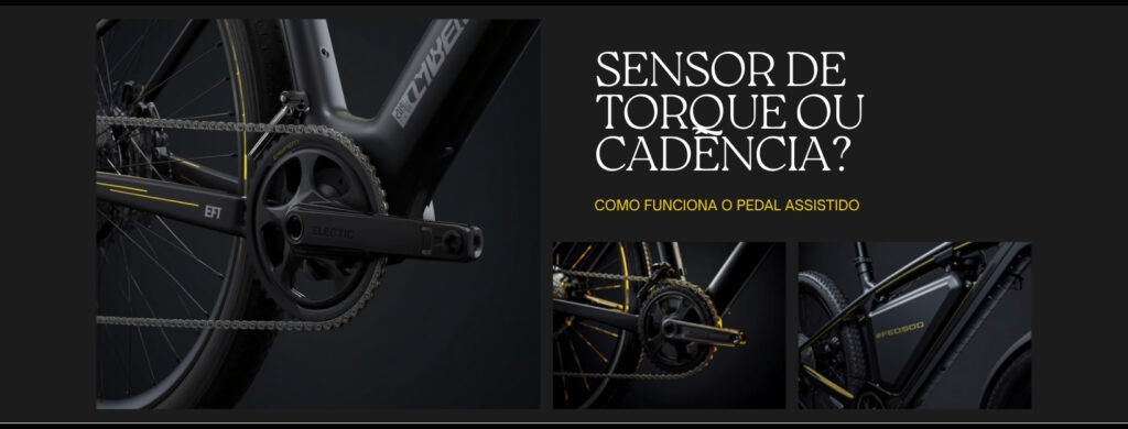 Sensor de torque ou sensor de cadência na bicicleta elétrica — banner Cyberbikes Brasil com pedivela de e-bike