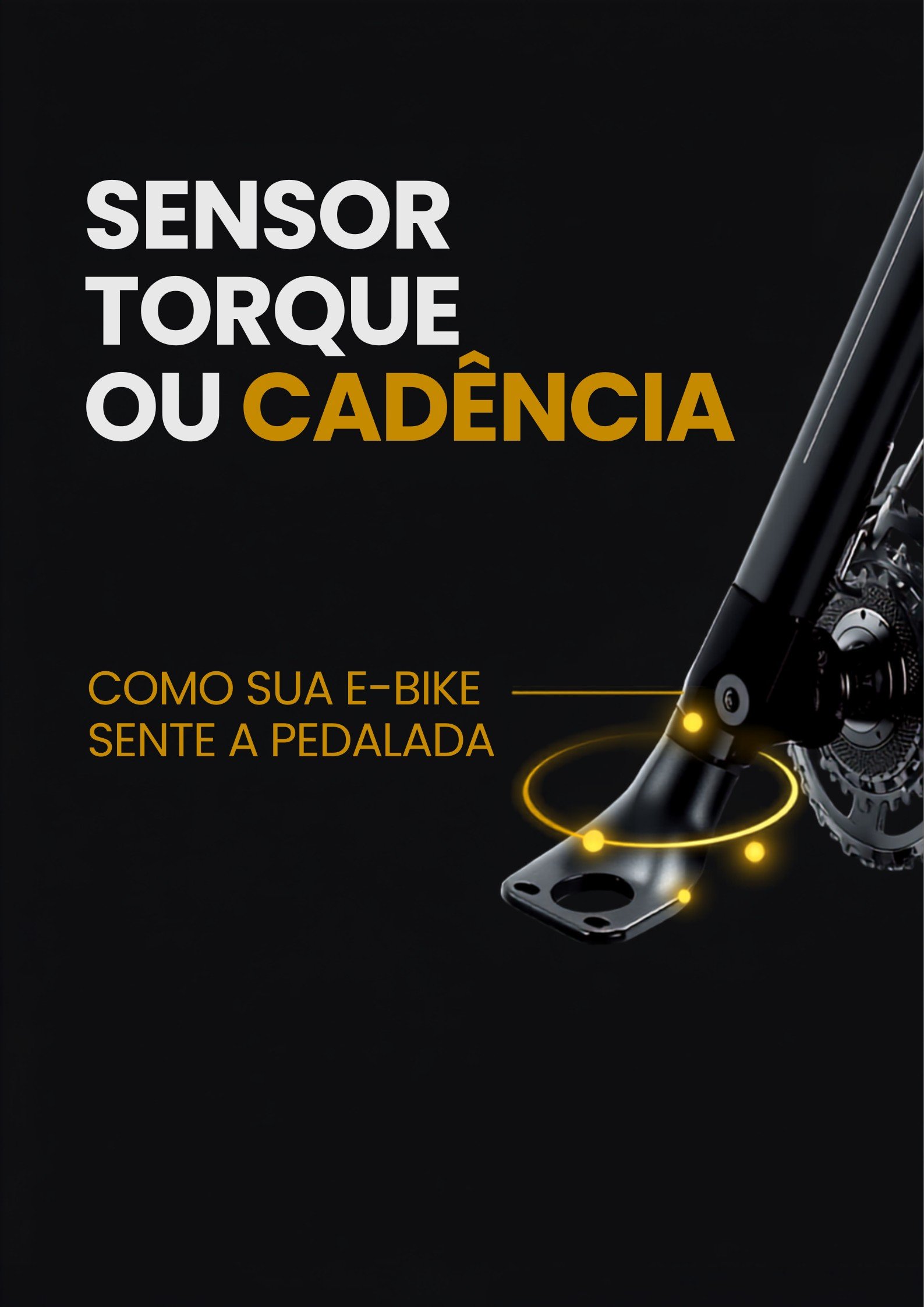 Banner Cyberbikes: sensor de torque ou de cadência na bicicleta elétrica, com pedivela e sensores destacados em amarelo