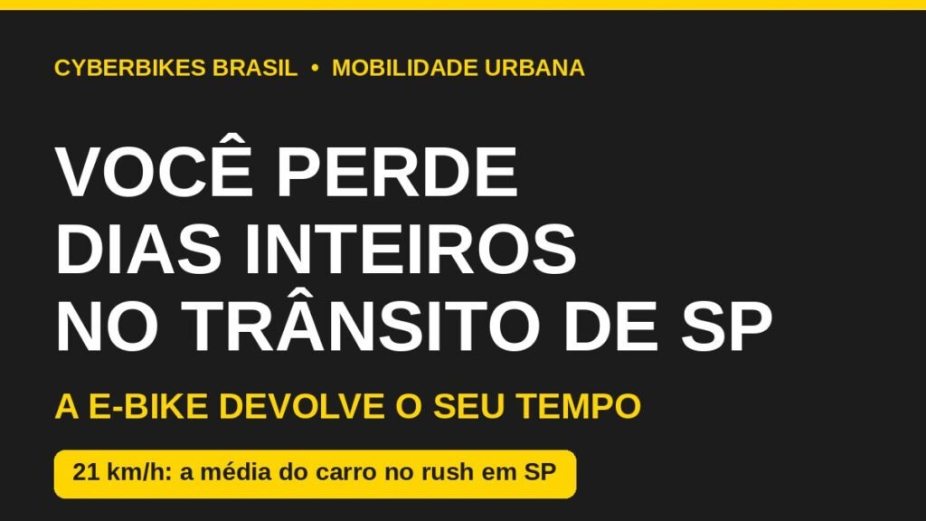Arte da Cyberbikes Brasil sobre o tempo perdido no trânsito de São Paulo e a bicicleta elétrica como alternativa ao carro