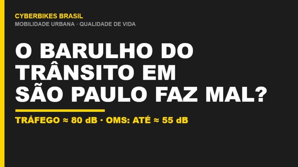 Banner Cyberbikes Brasil com o texto O barulho do trânsito em São Paulo faz mal, comparando o tráfego de cerca de 80 dB ao limite seguro de 55 dB da OMS