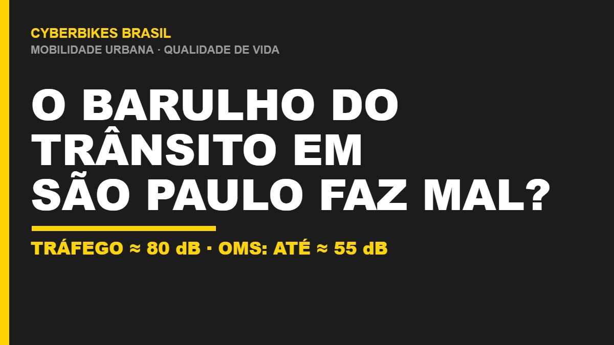 Banner Cyberbikes Brasil com o texto O barulho do trânsito em São Paulo faz mal, comparando o tráfego de cerca de 80 dB ao limite seguro de 55 dB da OMS