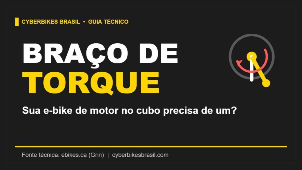 Banner Cyberbikes Brasil sobre braço de torque: cubo de motor com placa de reforço resistindo à reação de torque no eixo