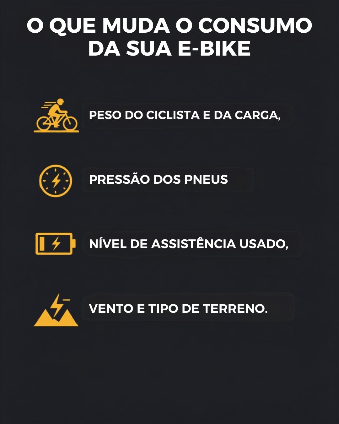 Fatores que mudam o consumo de energia da e-bike: peso, pressão dos pneus, nível de assistência e terreno