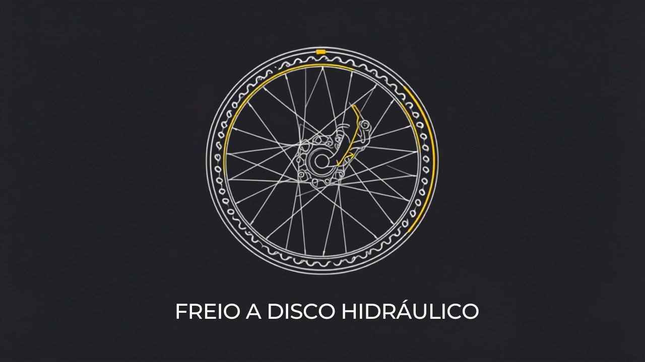 Ilustração de freio a disco hidráulico de bicicleta elétrica com rotor, pinça e alavanca