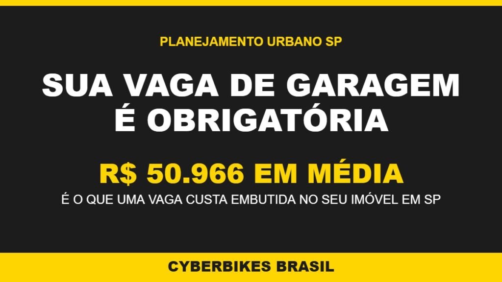 Cartaz Cyberbikes Brasil dizendo que a vaga de garagem obrigatória custa em média R$50.966 embutidos no preço do imóvel em São Paulo