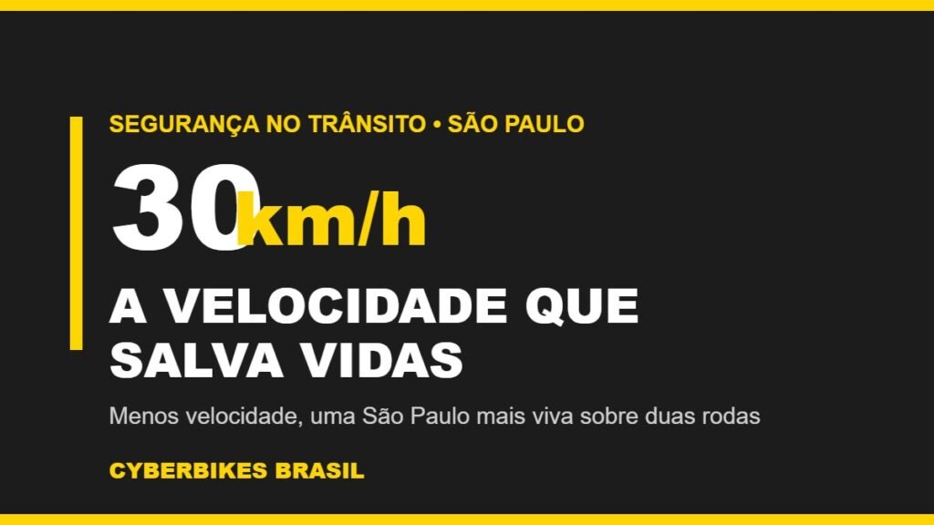Banner com o texto 30 km/h a velocidade que salva vidas, fundo carvão e amarelo Cyberbikes Brasil