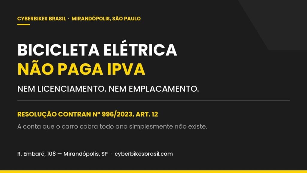 Arte da Cyberbikes Brasil com a frase bicicleta elétrica não paga IPVA, nem licenciamento, nem emplacamento, citando a Resolução CONTRAN 996/2023