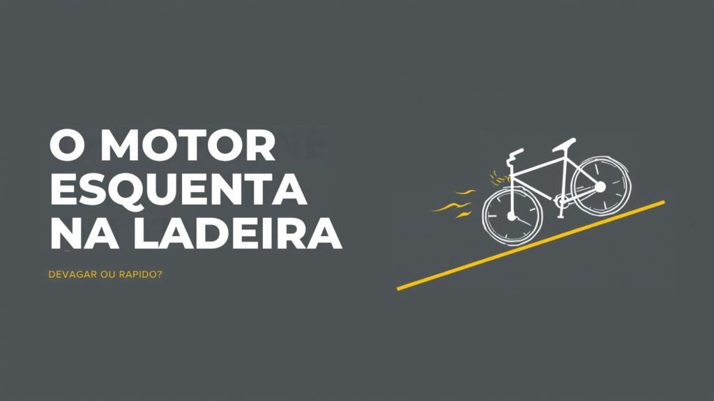 Bicicleta elétrica subindo uma ladeira com ondas de calor saindo do cubo do motor traseiro, ilustrando por que o motor da e-bike esquenta na subida