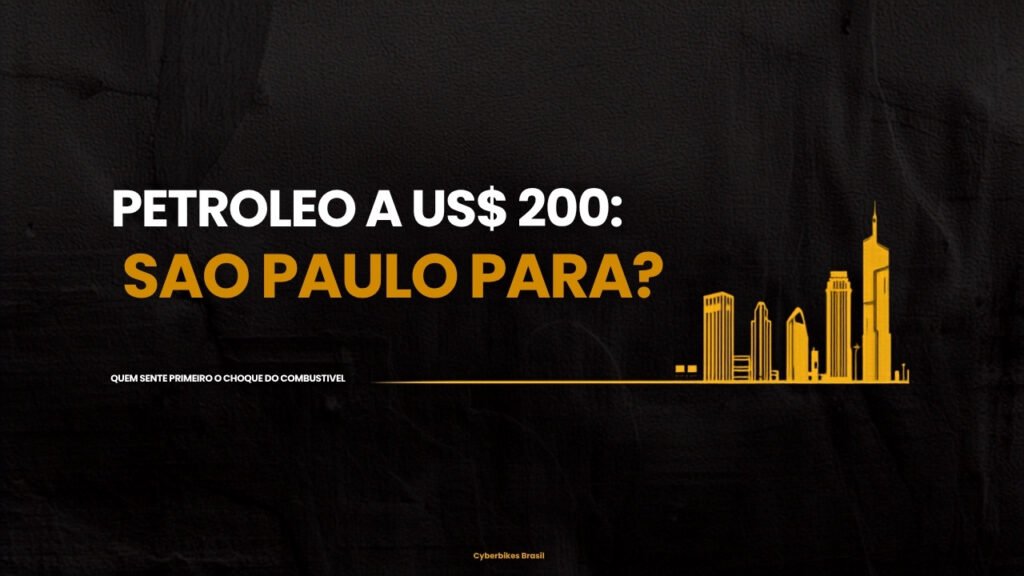 Banner Cyberbikes Brasil com o texto Petróleo a US$ 200: São Paulo Para? sobre a silhueta da cidade