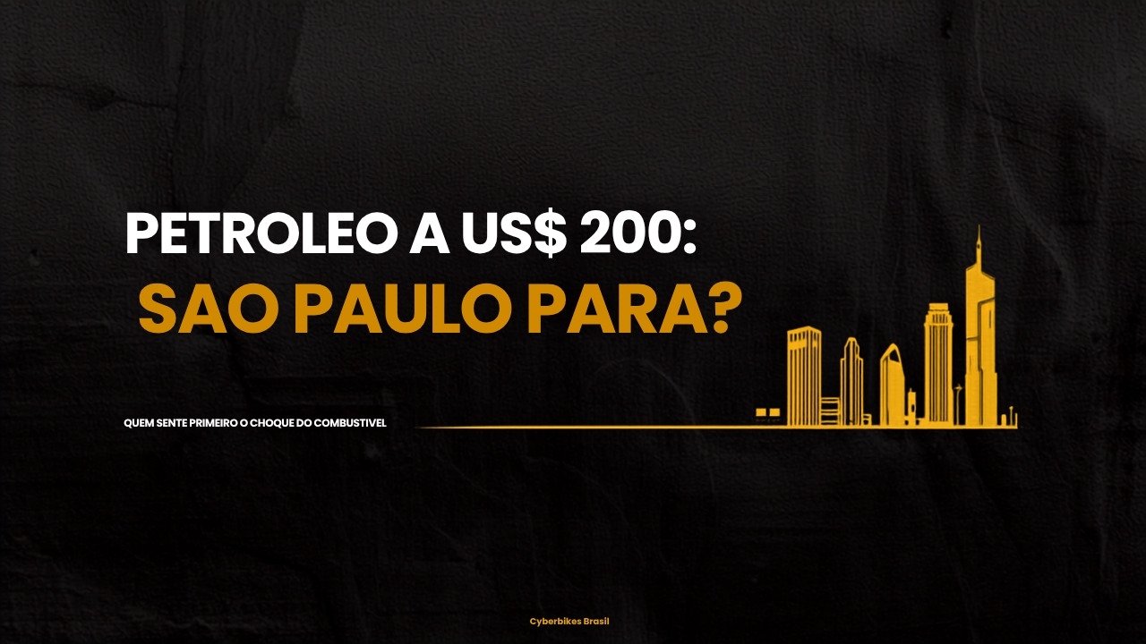 Banner Cyberbikes Brasil com o texto Petróleo a US$ 200: São Paulo Para? sobre a silhueta da cidade