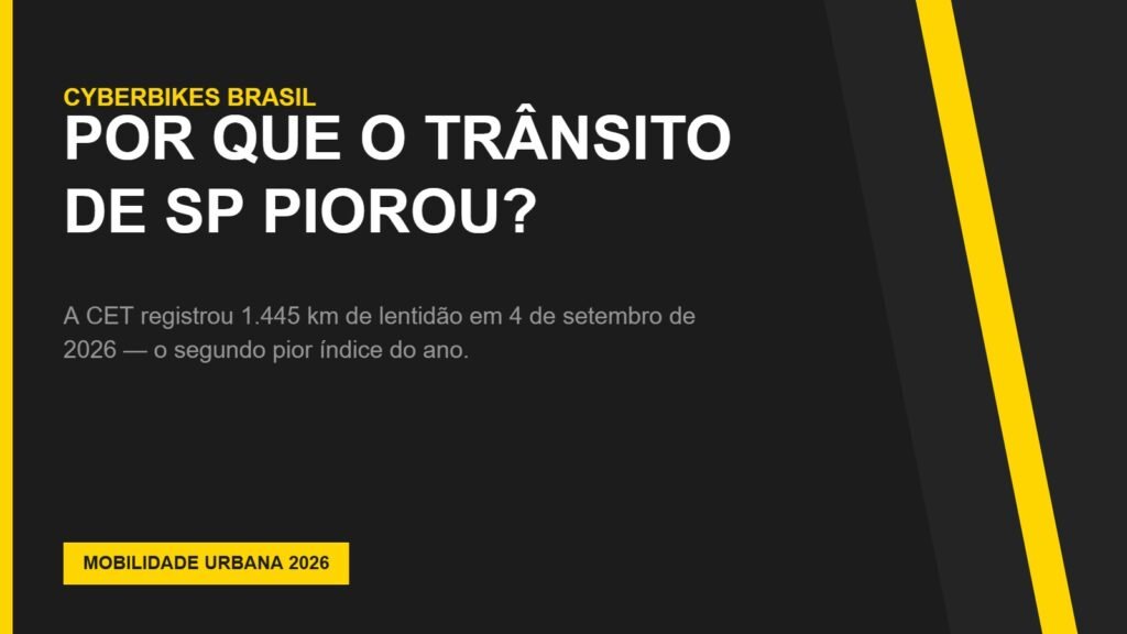 Banner Cyberbikes Brasil sobre por que o trânsito de São Paulo piorou em 2026, com dado da CET